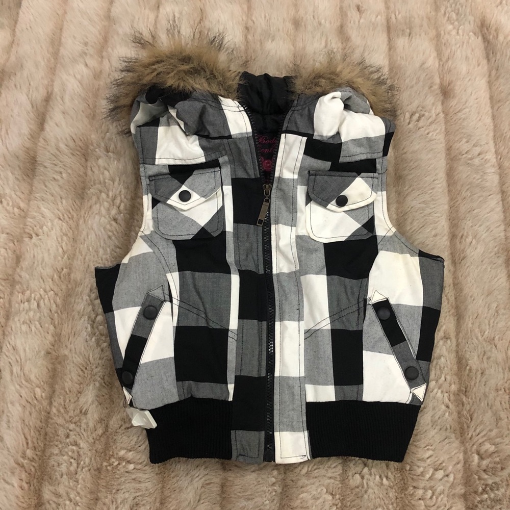 Black, Grey & White Faux Fur Hooded Vest